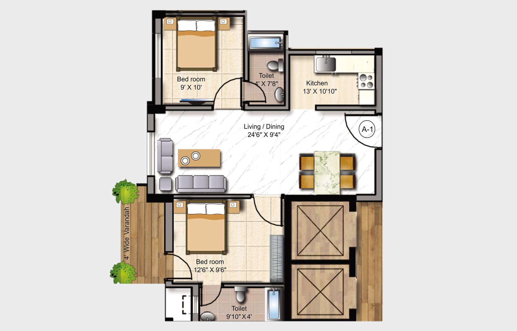 Floor plan of 2 BHK 990 Sq. Ft. Apartment in Mounthill Fussion, Kolkata