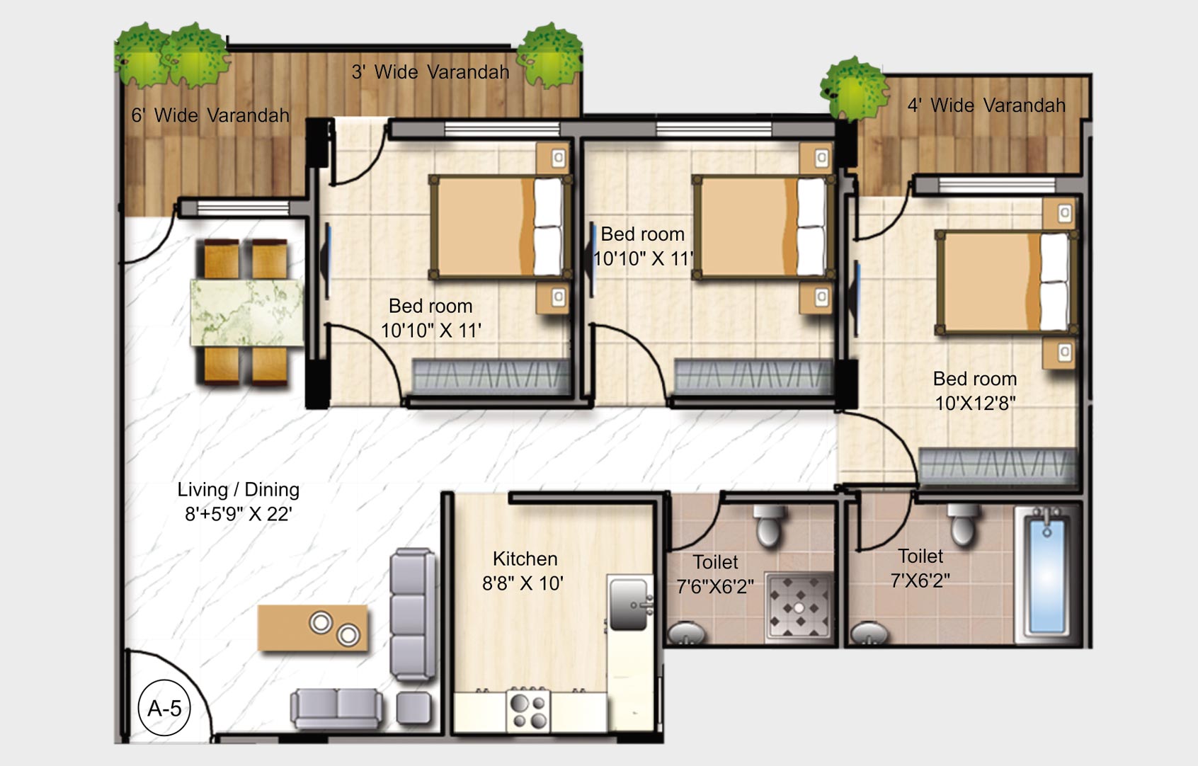 Floor plan of 3 BHK 1589 Sq. Ft. Apartment in Mounthill Fussion, Kolkata