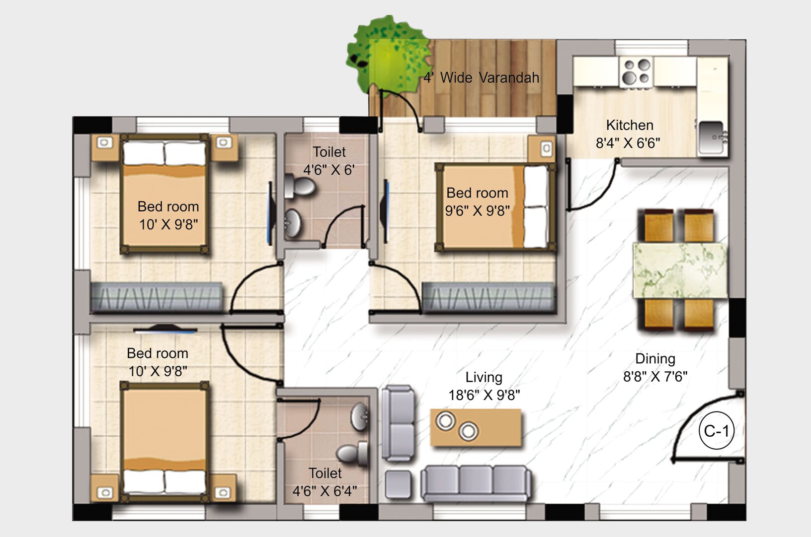 Floor plan of 3 BHK 1620 Sq. Ft. Apartment in Mounthill Fussion, Kolkata