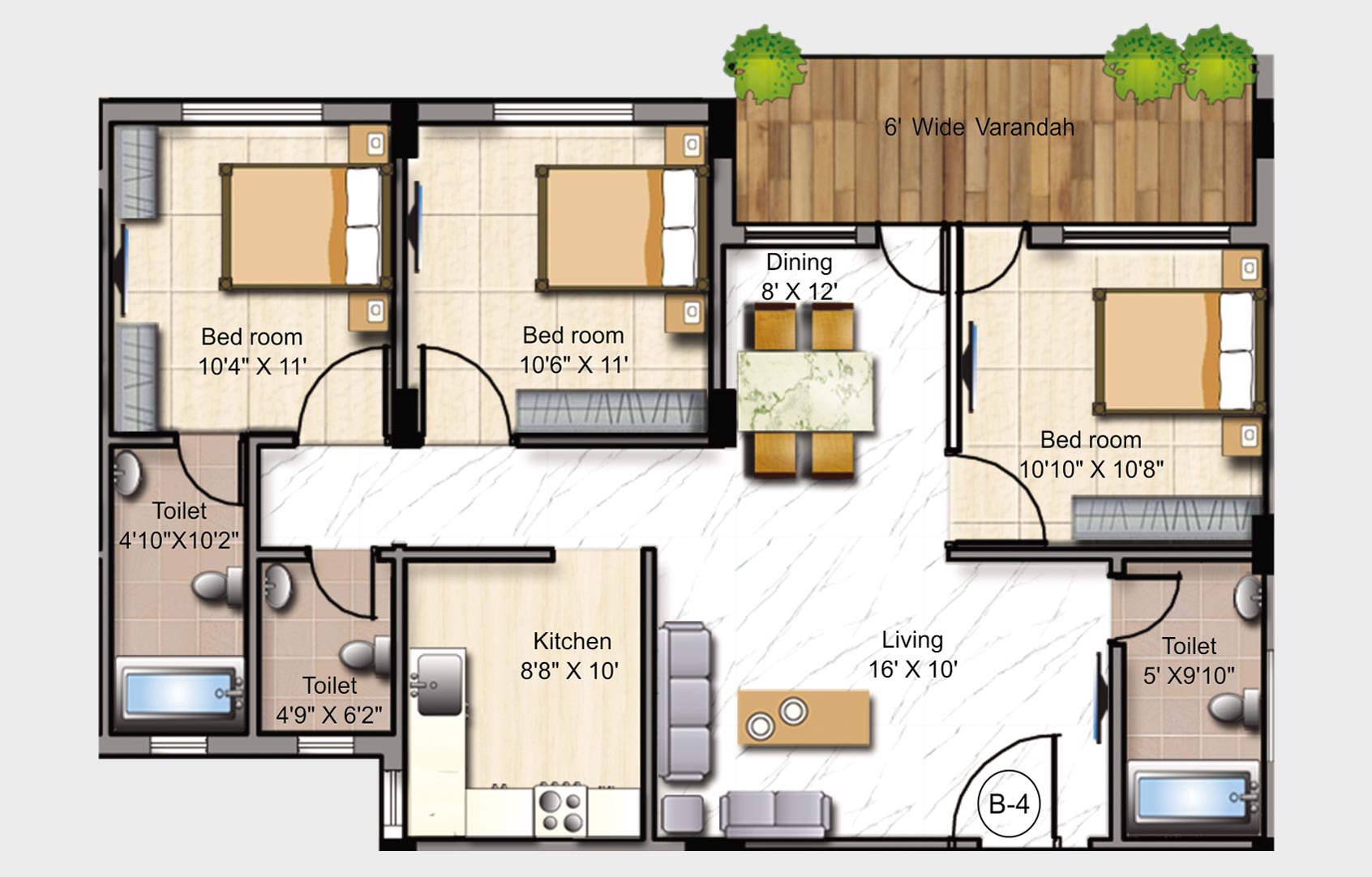 Floor plan of 3 BHK 1930 Sq. Ft. Apartment in Mounthill Fussion, Kolkata