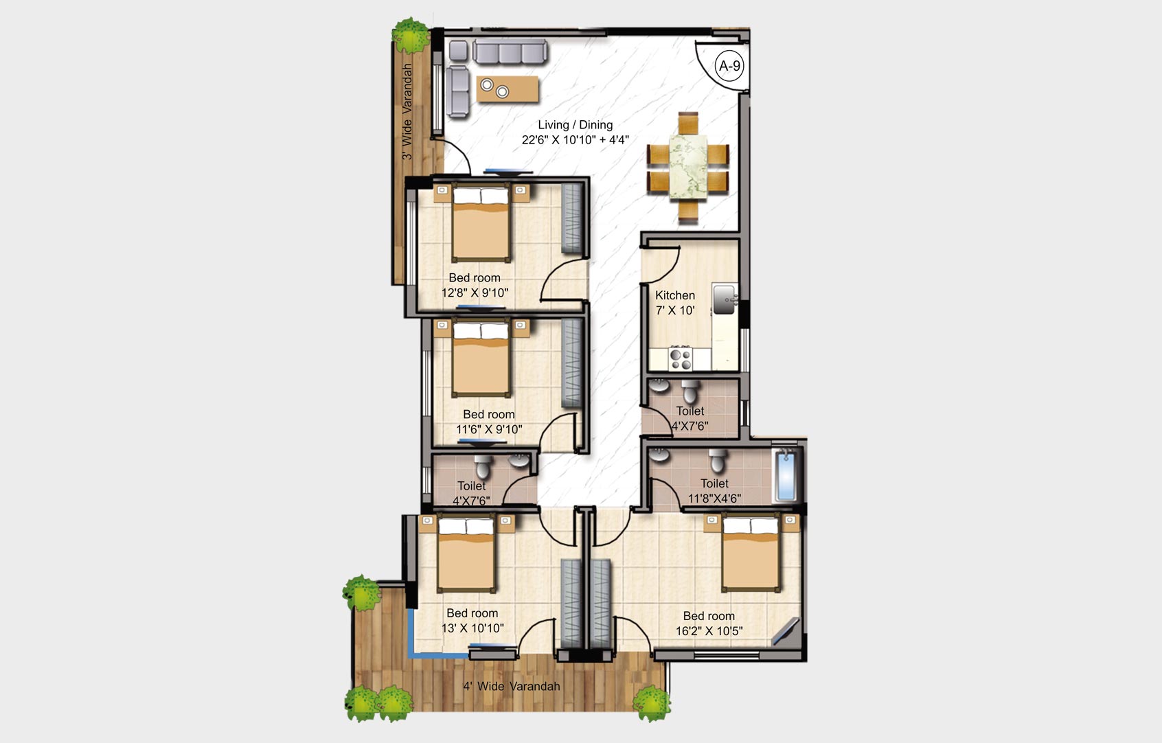 Floor plan of 4 BHK 2265 Sq. Ft. Apartment in Mounthill Fussion, Kolkata