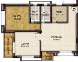 Floor plan of 2 BHK 1330 Sq. Ft. Apartment in Mounthill Fussion Courtyard, Kolkata