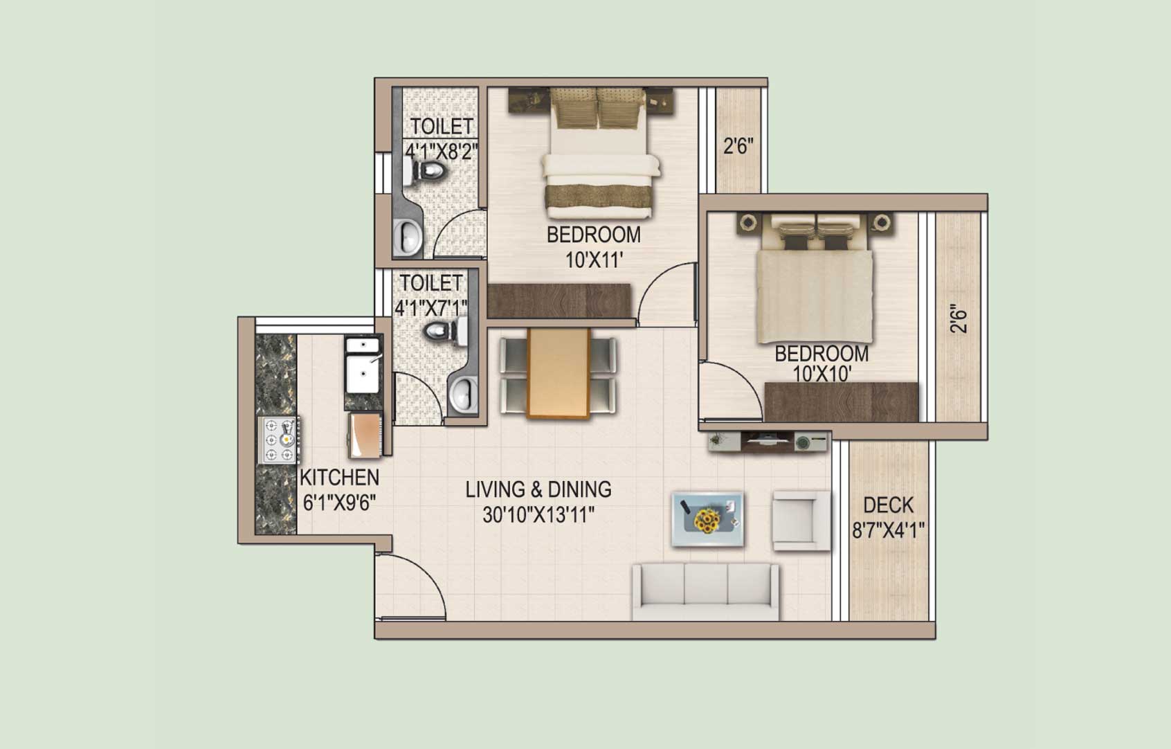 Floor plan of 2 BHK 1022 Sq. Ft. Apartment in Mounthill North Grande, Kolkata