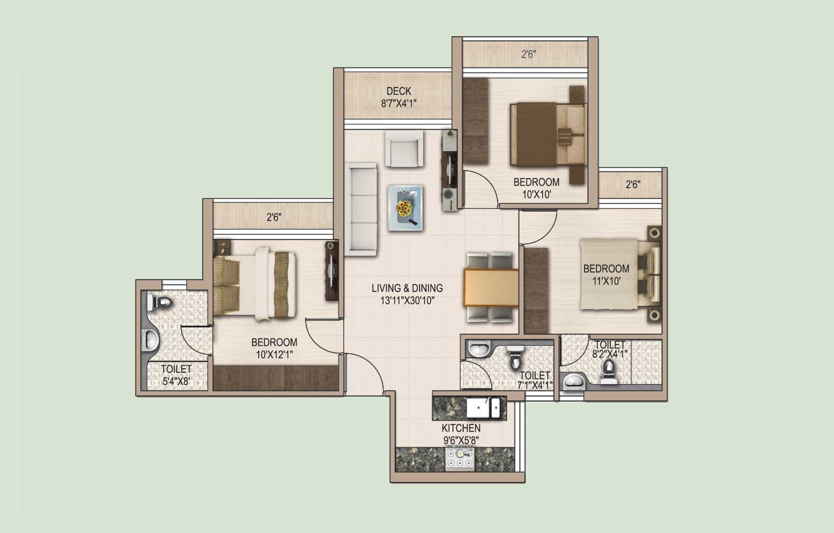 Floor plan of 3 BHK 1312 Sq. Ft. Apartment in Mounthill North Grande, Kolkata