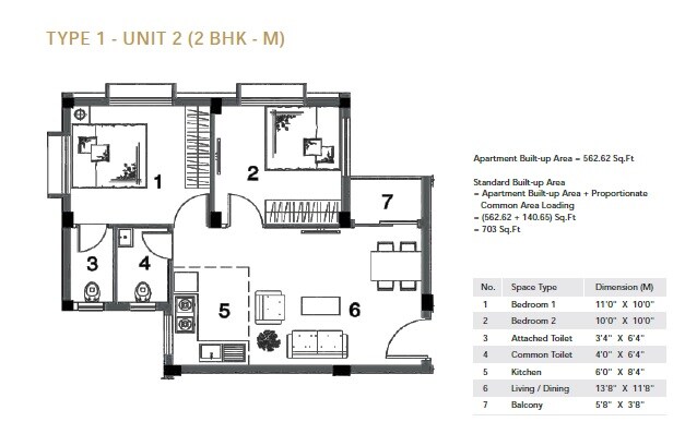 Floor plan of 2 BHK 703 Sq. Ft. Apartment in Mounthill Park City, Kolkata