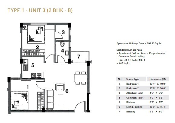 Floor plan of 2 BHK 747 Sq. Ft. Apartment in Mounthill Park City, Kolkata