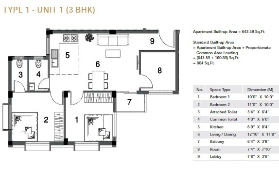 Floor plan of 3 BHK 804 Sq. Ft. Apartment in Mounthill Park City, Kolkata