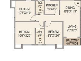 Floor plan of 3 BHK 1284 Sq. Ft. Apartment in Mounthill The Pyramid, Kolkata