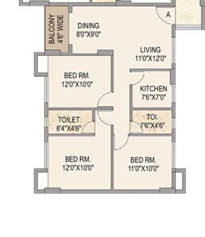 Floor plan of 3 BHK 1277 Sq. Ft. Apartment in Mounthill The Pyramid, Kolkata
