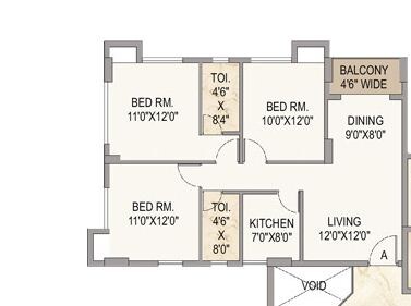Floor plan of 3 BHK 1322 Sq. Ft. Apartment in Mounthill The Pyramid, Kolkata