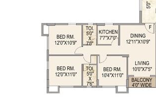 Floor plan of 3 BHK 1324 Sq. Ft. Apartment in Mounthill The Pyramid, Kolkata