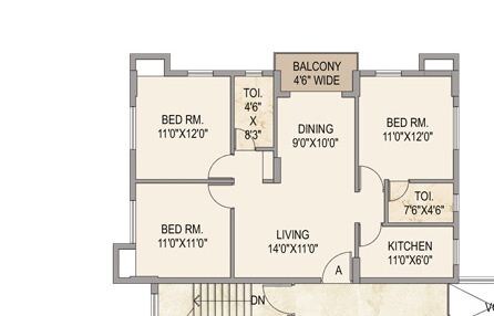 Floor plan of 3 BHK 1367 Sq. Ft. Apartment in Mounthill The Pyramid, Kolkata