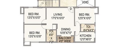 Floor plan of 3 BHK 1416 Sq. Ft. Apartment in Mounthill The Pyramid, Kolkata