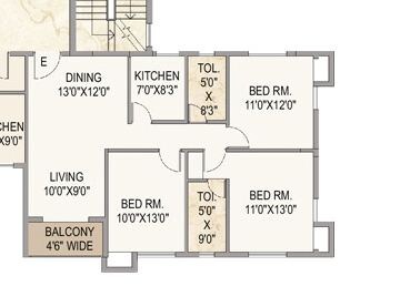 Floor plan of 3 BHK 1462 Sq. Ft. Apartment in Mounthill The Pyramid, Kolkata