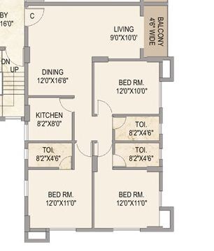 Floor plan of 3 BHK 1579 Sq. Ft. Apartment in Mounthill The Pyramid, Kolkata