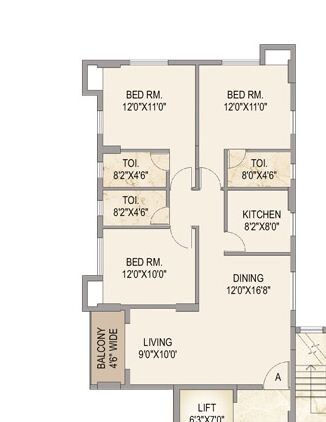 Floor plan of 3 BHK 1597 Sq. Ft. Apartment in Mounthill The Pyramid, Kolkata