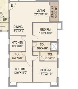 Floor plan of 3 BHK 1663 Sq. Ft. Apartment in Mounthill The Pyramid, Kolkata
