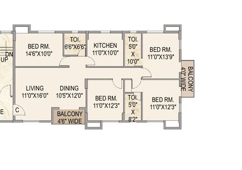 Floor plan of 4 BHK 2076 Sq. Ft. Apartment in Mounthill The Pyramid, Kolkata