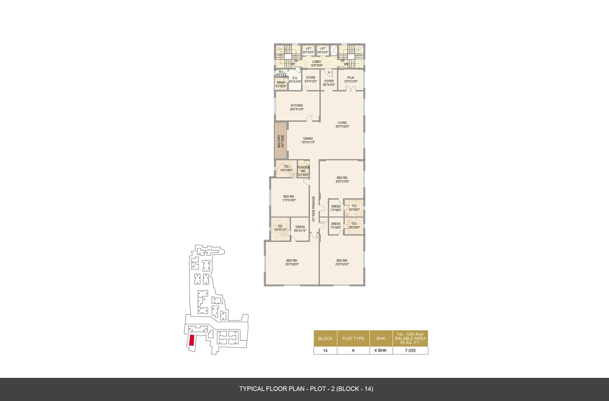 Floor plan of 4 BHK 7035 Sq. Ft. Apartment in Mounthill The Pyramid, Kolkata