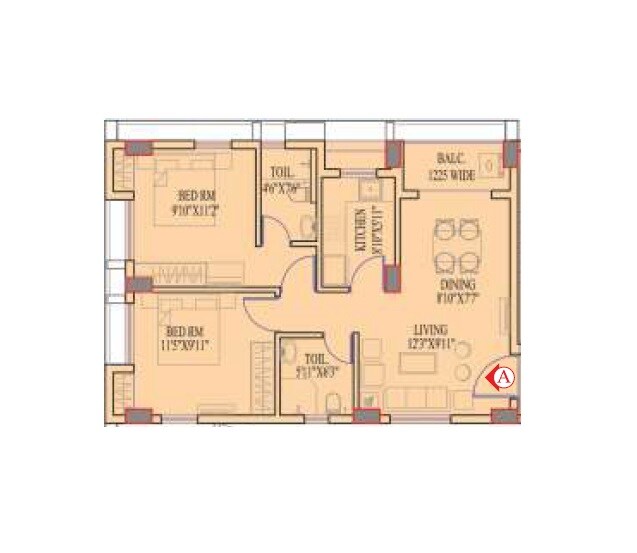 Floor plan of 2 BHK 962 Sq. Ft. Apartment in Natural Aqua Waves, Kolkata