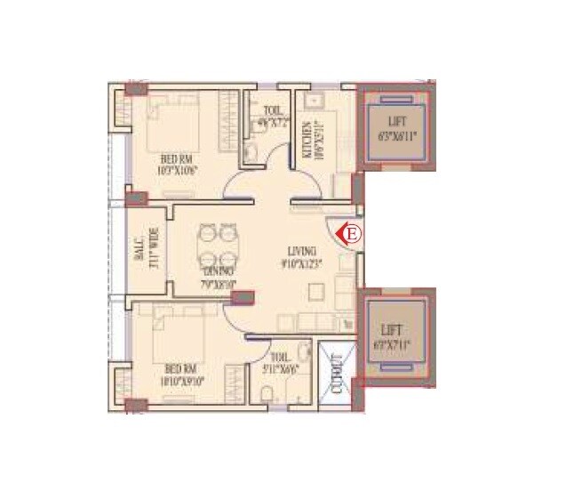 Floor plan of 2 BHK 993 Sq. Ft. Apartment in Natural Aqua Waves, Kolkata