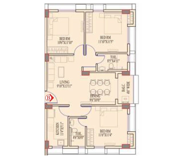 Floor plan of 3 BHK 1306 Sq. Ft. Apartment in Natural Aqua Waves, Kolkata