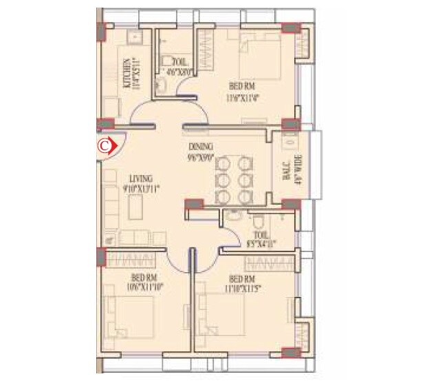 Floor plan of 3 BHK 1485 Sq. Ft. Apartment in Natural Aqua Waves, Kolkata