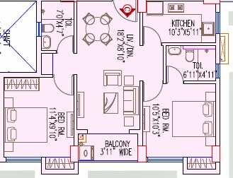 Floor plan of 2 BHK 575 Sq. Ft. Apartment in Natural City Birati, Kolkata