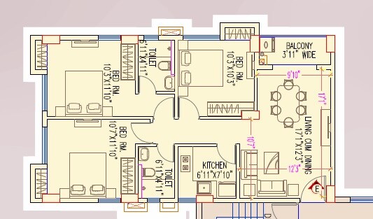 Floor plan of 3 BHK 742 Sq. Ft. Apartment in Natural City Birati, Kolkata