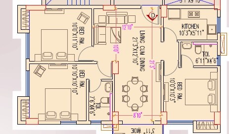 Floor plan of 3 BHK 816 Sq. Ft. Apartment in Natural City Birati, Kolkata