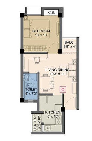 Floor plan of 1 BHK Apartment - 578 sq. ft. in Propertymen Nectar, Kolkata