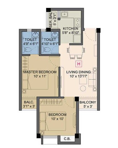 Floor plan of 2 BHK Apartment - 806 sq. ft. in Propertymen Nectar, Kolkata