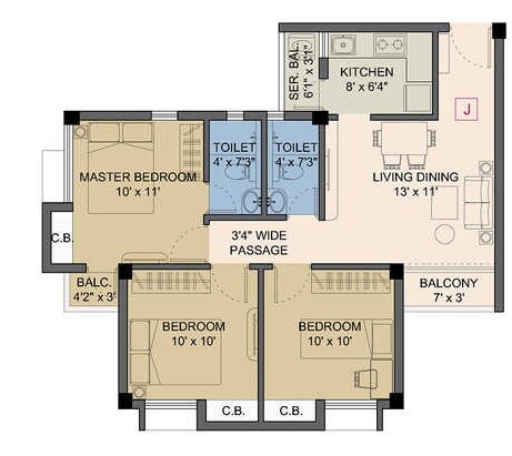 Floor plan of 3 BHK Apartment - 1076 sq. ft. in Propertymen Nectar, Kolkata