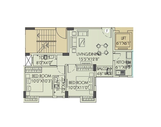 Floor plan of 2 BHK 577 Sq. Ft. Apartment in Neelkanth Chitrakut Heights, Kolkata
