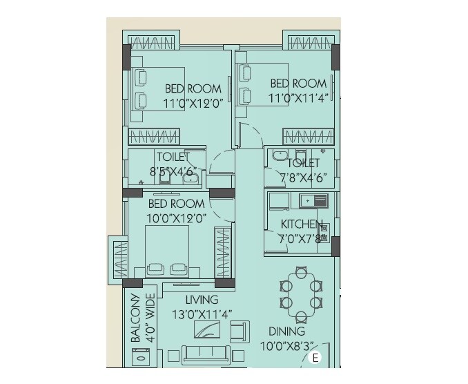 Floor plan of 3 BHK 712 Sq. Ft. Apartment in Neelkanth Chitrakut Heights, Kolkata
