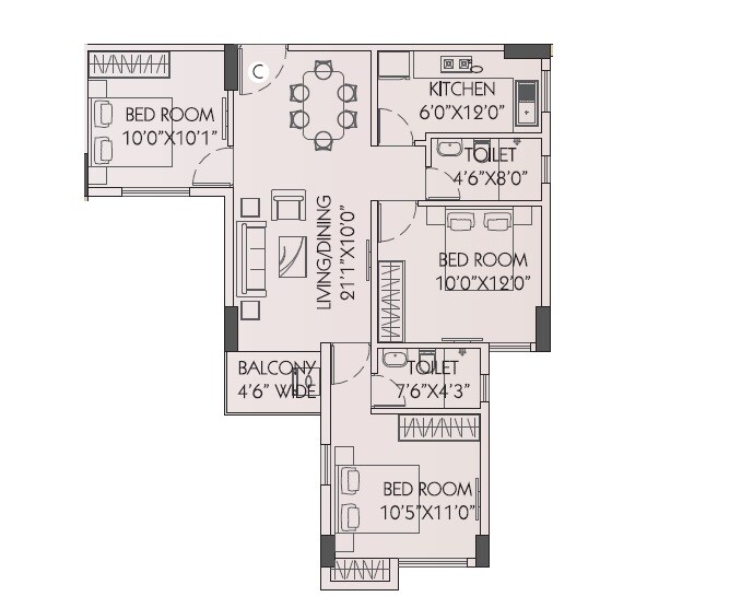 Floor plan of 3 BHK 839 Sq. Ft. Apartment in Neelkanth Chitrakut Heights, Kolkata