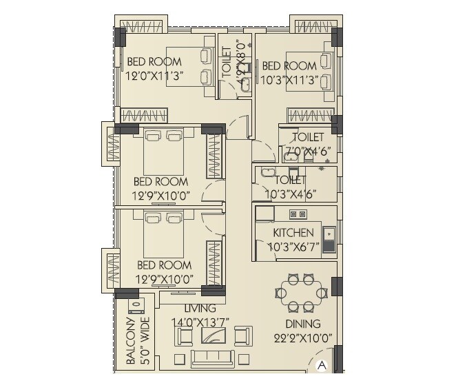 Floor plan of 4 BHK 1118 Sq. Ft. Apartment in Neelkanth Chitrakut Heights, Kolkata