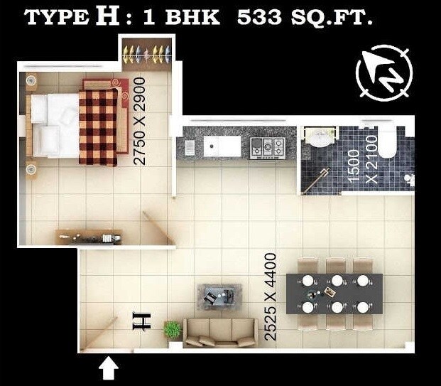 Floor plan of 1 BHK 533 Sq. Ft. Apartment in Neo Imperial, Kolkata