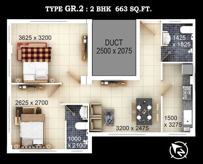 Floor plan of 2 BHK 663 Sq. Ft. Apartment in Neo Imperial, Kolkata