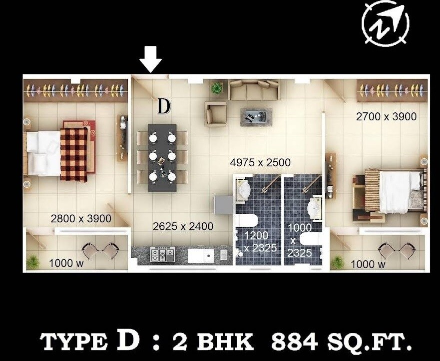 Floor plan of 2 BHK 884 Sq. Ft. Apartment in Neo Imperial, Kolkata