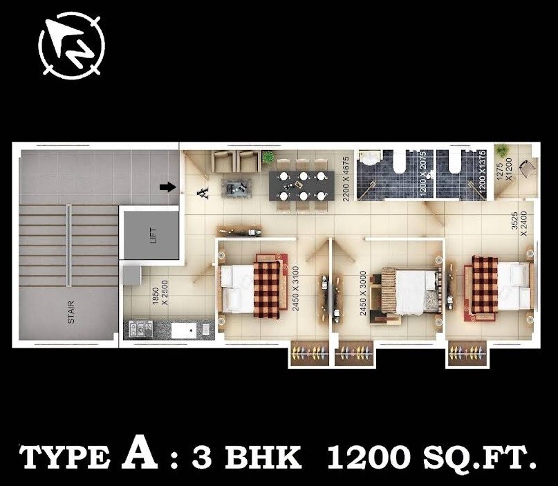 3 BHK 1200 Sq. Ft. Apartment