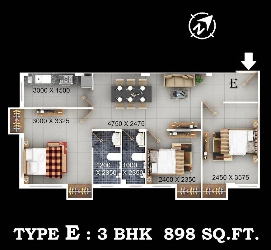 Floor plan of 3 BHK 898 Sq. Ft. Apartment in Neo Imperial, Kolkata