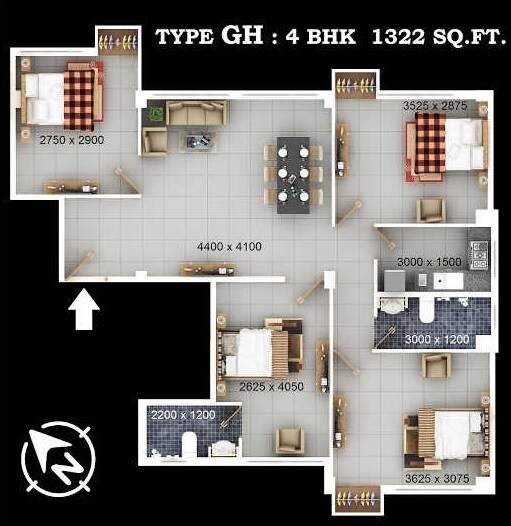 Floor plan of 4 BHK 1322 Sq. Ft. Apartment in Neo Imperial, Kolkata