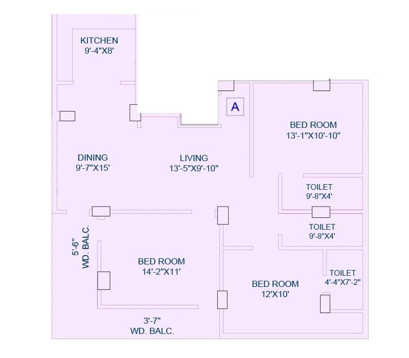 Floor plan of 3 BHK Apartment - 1710 sq. ft. in Nirmala Aastha, Kolkata