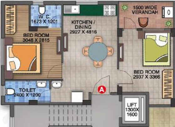 Floor plan of 2 BHK 771 Sq. Ft. Apartment in Nirman Aalaya, Kolkata