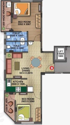 Floor plan of 2 BHK 1004 Sq. Ft. Apartment in Nirman Aalaya, Kolkata