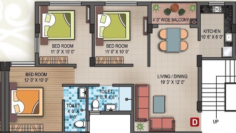 Floor plan of 3 BHK 1170 Sq. Ft. Apartment in Nirman Greens, Kolkata