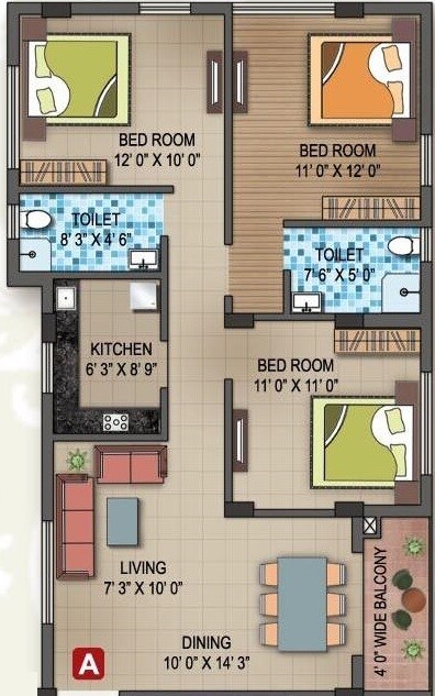 Floor plan of 3 BHK 1340 Sq. Ft. Apartment in Nirman Greens, Kolkata