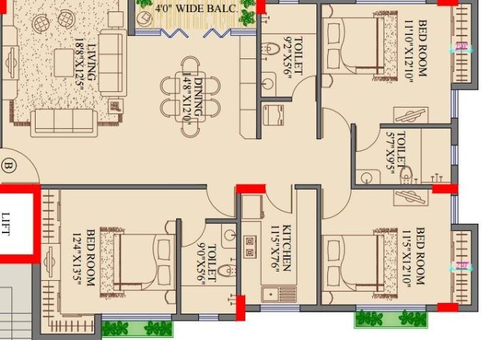 Floor plan of 3 BHK 2000 Sq. Ft. Apartment in Orbit Avinash, Kolkata