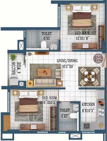Floor plan of 2 BHK 703 Sq. Ft. Apartment in Orbit Lumiere, Kolkata